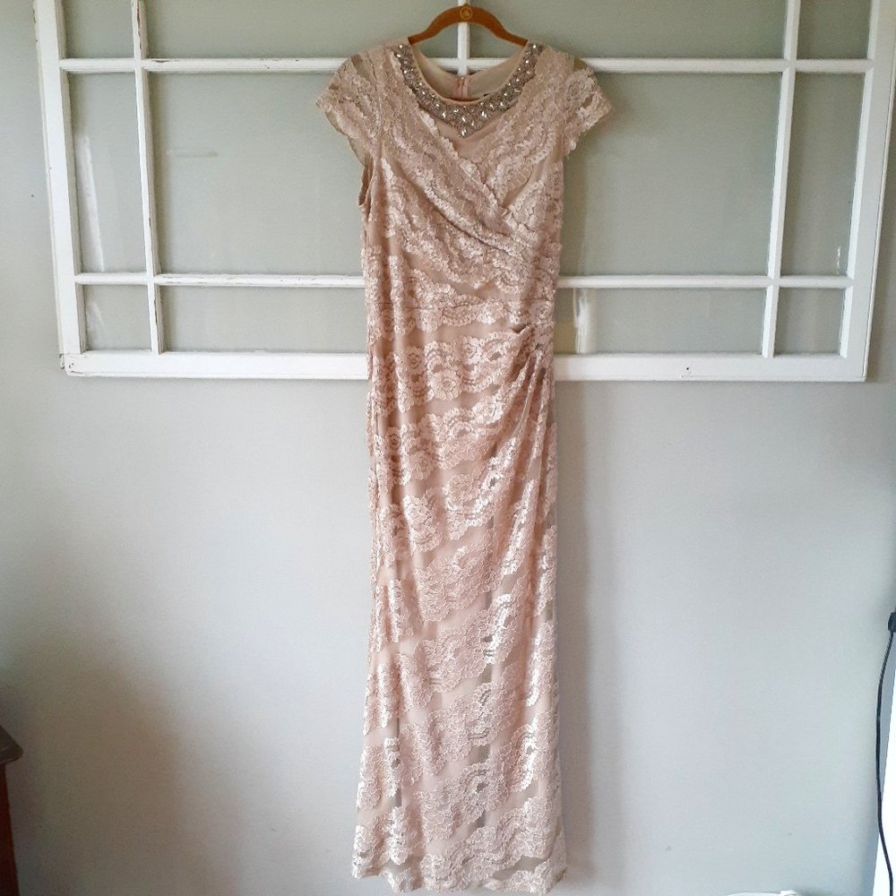 Scarlett beige eyelet evening gown, with neckline beading Size 12